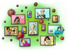 desenho de varias tellas, algumas verticais, algumas horizontais, algumas maiores outras menores; em cada tela, o desenho de uma pessoa em uma atividade diferente. Ao fundo, desenhos de pequenos virus, na cor vermelha, sob um fundo verde