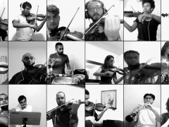 Captura de tela de um dos vídeos da Orquestra da Câmara da ECA. A imagem em preto e branco está dividida entre várias pessoas, homens e mulheres, todas tocando diferentes instrumentos.