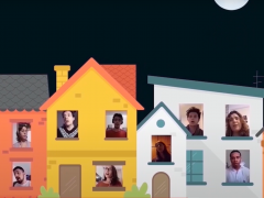 especie de colagem formada por desenhos de prédios e casas, nas cores amarela, laranja, branca e verde. Na janela de cada casa, a foto de uma pessoa. acima, um ceu negro