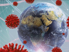 imagem parcial de um globo terrestre e, ao seu redor, desenhos de virus, na cor vermelha