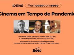 cartaz de divulgação do encontro/ em um fundo laranja, estão três quadrados menores, centralizados, com a imagem de cada um dos participantes. Acima, o titulo o evento e da série do sesc; abaixo das fotos, os nomes dos palestrantes