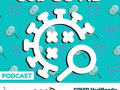 Cartaz digital. Seu fundo é azul-esverdeado e, ao centro, tem-se um desenho de um voronavírus e uma lupa, em traços brancos. O texto "Sob COVID" aparece no topo, também em branco. Na parte de baixo, estão os logos das instituições envolvidas