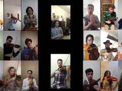print de tela do youtube. A tela é dividida em quadros menores, seis a esquerda, seis a direita e dois quadro maiores ao centro. em cada quadro, um jovem toca um instrumento, em sua maioria, violinos