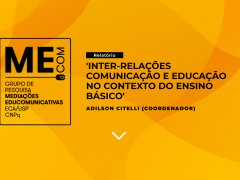 Cartaz do relatório do grupo de pesquisa. Em um fundo com diferentes  tons de laranja, está escrito o titulo do relatório, o nome do coordenador e o nome do grupo de pesquisa