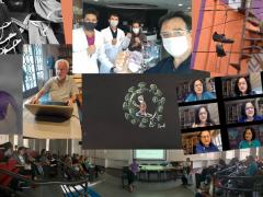 Montagem feita com diversas imagens relacionadas à exposição Janelas da Arte. Entre elas, há um print de uma videoconferência, uma selfie de uma equipe médica, uma ilustração de uma personagem de um desenho animado, um senhor utilizando um computador e um desenho de um garoto dentro de um coronavírus. 
