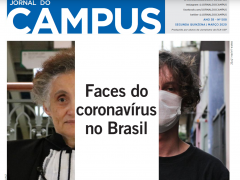 Reprodução da capa do Jornal do Campus, que mostra, no centro, o título Faces do Coronavírus no Brasil, dividindo a capa em duas seções: na seção esquerda, uma foto de Ester Sabino, uma mulher idosa de pele branca, cabelos curtos cacheados e castanhos com raízes brancas e usando uma beca. Na seção direita, um jovem branco de cabelos lisos e castanhos na altura do pescoço, usando máscara e uma camiseta preta. 