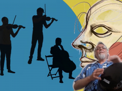 especie de colagem que reune a silhueta de 3 homens tocando instrumentos, dois tocando violino e 1 sentado tocando violoncelo. Os desenhos estão em preto sob um fundo azul claro. à esquerda o desenho de um rosto masculino, sem tantos detalhes. O desenho é feito em preto sob um fundo amarelo. abaixo do desenho, um homem de cabelos e barbas grisalhas e óculos, segura um instrumento