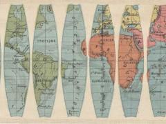 Ilustração com fundo bege de uma planificação de um globo terrestre. A imagem é semelhante a um mapa-múndi cortado em fatias verticais, em que cada fatia tem o formato de uma elipse alongada. A imagem mostra os continentes América, na cor verde, África, em laranja, Europa, em amarelo, e a parte ocidental da Ásia, na cor rosa. O oceano atlântico aparece em destaque, no centro da imagem. Todos os dizeres da ilustração estão em francês. 