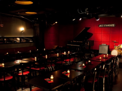 Foto de uma sala de jazz vazia, com várias mesas juntas e ornadas com velas acesas. Ao fundo, sobre um pequeno palco e de frente para uma parede vermelha, encontram-se um piano, uma caixa de som, um piano e uma bateria.