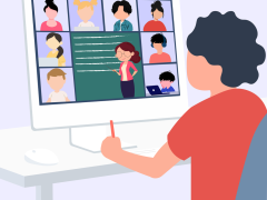 Ilustração digital de menino utilizando um computador para assistir às aulas a distância. O menino usa uma camiseta vermelha e segura um lápis da mesma cor. Na tela do computador, há uma professora escrevendo em uma lousa e a imagem de outros estudantes.