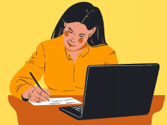 Ilustração de uma garota branca, de cabelos pretos longos, blusa laranja, escrevendo sobre um papel com um laptop na frente.