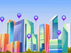 Imagem de divulgação do Ciclo Cidades Tecnológicas e Comunicativas. Fundo azul com a ilustração de vários edifícios.
