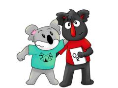 Ilustração de dois animais com características humanas, de pé e braços dados. À esquerda, um que aparentemente é um coala, é cinza, tem o nariz preto, dá um sorriso largo com os dentes fechados e está com uma camiseta verde com o logo da Com-Arte, que parece o origami da cara de um cachorro. O outro mascote lembra um gambá, é preto, tem o nariz comprido vermelho, óculos redondos, orelhas felpudas e um tufo de pêlos no topo da cabeça. Ele segura uma revista branca com as iniciais O e R.