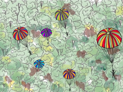 Cena da animação Eîori! um horizonte existencial. Visão aérea de seis pequenas figuras humanas flutuando de paraquedas coloridos sobre uma floresta. As copas das árvores são desenhadas com linhas curvas sobre  um fundo em diferentes tons de verde, amarelo e marrom.