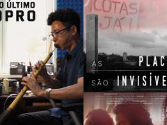 Montagem feita com os dois cartazes dos filmes tratados na notícia em formato vertical justapostos. O primeiro pertence ao cusrta Até o Último Sopro, no qual consta um homem asiático tocando um instrumento de sopro. O seguinte pertence ao documentário As Placas São Invisíveis no qual consta, na parte superior, uma foto vista de cima da Universidade de São Paulo em preto e branco e, na parte dei baixo, uma foto cortada de três mulheres negras. 