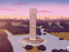 Ilustração de uma praça que tem ao centro uma torre de concreto  com um relógio de ponteiros no topo. O piso em volta do relógio é cinza, há grama em tons verdes e alaranjados e árvores em tons de roxo. O céu é rosa e alaranjado com algumas nuvens. 