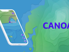 Arte digital. Imagem de um celular branco que mostra o desenho de um mapa azul e verde, similar ao que se estende pelo fundo de toda a imagem. No canto inferior esquerdo, um logo em branco: uma mão estalando os dedos com a palavra “ideia” escrita embaixo, em letras maiúsculas. Também em letras maiúsculas, do lado direito da imagem, há a palavra “canoa” escrita em azul. 