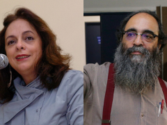 Montagem de duas fotos lado a lado. À esquerda, uma mulher branca fala ao microfone, com cabelos castanhos médios e vestindo blusa azul. À direita, um homem pardo de óculos e barba longa e grisalha  veste camisa cinza com suspensórios vinho e carrega canetas no bolso.