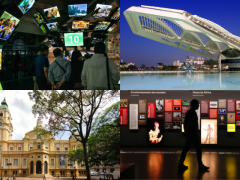 Montagem com quatro fotos. No canto superior esquerdo, um grupo de pessoas ao redor de televisões com imagens relacionadas ao futebol. No canto superior direito, uma construção grande e moderna, toda branca, com formatos lineares que se expandem sobre um espelho d'água. No canto inferior esquerdo, um edifício antigo, em tons de amarelo, com entrada ao centro, janelas na fachada e uma torre à esquerda com um relógio. No canto inferior direito, a silhueta de um homem de perfil à frente de imagens luminosas.