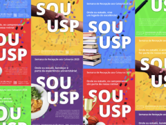 Imagem com diferentes cartazes coloridos em azul, vermelho, verde, amarelo e roxo. Todos tem a frase “SOU USP” escritas no meio em grandes letras brancas. 