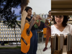 Montagem com partes de três fotos. A primeira de um prédio residencial de sete andares  branco e amarelo com muitas janelas , uma fileira de carros na frente e algumas árvores. A segunda tem três pessoas jovens, um homem branco, uma mulher branca e uma mulher negra, com instrumentos musicais  em uma sala de aula. A terceira foto tem uma mulher branca de cabelos castanhos, curtos e cacheados mexendo em livros em uma estante vazada com outras estantes atrás dela.