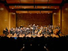 Foto de orquestra se apresentando em um palco de madeira, com o maestro ao centro, de costas para o público, regendo os músicos. As pessoas tocam violinos, violas, violoncelos e contrabaixos, todos vestidos de preto. Ao fundo, há uma parede com painéis de madeira. O público está em uma plateia escura de costas para a câmera.