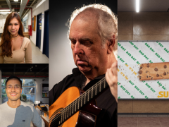Imagem dividida em três partes. A primeira parte é dividida em duas partes de igual tamanho com as fotos de dois jovens. Na segunda parte,  a foto de um homem branco, de cabelos brancos, vestindo uma camisa preta e tocando violão. Na terceira parte, a foto de um painel publicitário em um saguão com paredes e escadas de concreto. O painel tem a imagem de um biscoito da marca Subway comido pela metade. 