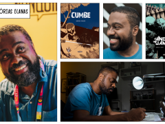 Montagem com capas de livros e fotos de homem negro dispostas em retângulos de diferentes tamanhos como uma página de revista em quadrinhos. O homem tem cabelos curtos, barba e bigode crespos e escuros. Em duas das fotos, ele sorri olhando para o lado e, na outra, ele desenha em papel sob a luz de uma luminária articulada. Na parte superior esquerda, há um retângulo branco com o texto Trajetórias Ecanas em letras pretas.