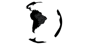 ilustração de um globo terrestre; em preto, a terra, em branco, o mar. o globo mostra o desenho da américa do sul e central em destaque