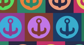 Ilustração contendo as várias logos do E.I.T.A. Todas são compostas por âncoras, situadas dentro de círculos, que estão dentro de um quadrado. São as cores que variam de uma logo para a outra. Isso é feito para representar a diversidade de ideias e pessoas que participam do cursinho.