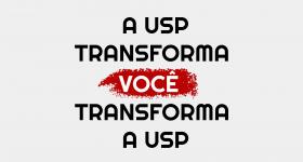 Arte digital composta pelo nome e slogan da campanha, em letras pretas e brancas: A USP transforma você transforma a USP", com destaque em vermelho ao redor da palavra "você".  Acima, lê-se "XXIII Semana de Recepção aos Calouros USP 2021". E abaixo está o logo da USP e o telefone para disque-trote.