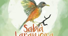 logo do projeto sabia laranjeira. Desenho de um sabiá, em tons laranja, amarelo e cinza, de asas abertas e pousando em um galho. Abaixo do desenho, em laranja, está escrito sabiá laranjeira.