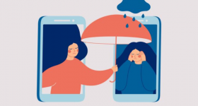 ilustração em tons de azul claro, azul escuro, branco e laranja. Dois celulares, um ao lado do outro. Em um, uma jovem está com as mãos sobre as orelhas e uma nuvem com gotas de chuva paira sobre ela. Em outro, outra jovem sai da tela do celular e segura um guarda chuva sobre a cabeça da jovem que está com as mãos nas orelhas.