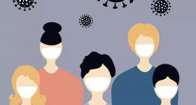 Ilustração de cinco pessoas, em plano médio: três pessoas à frente e duas atrás. O rosto não apresenta nada a não ser uma máscara branca. Todos são brancos, três deles com cabelos escuros e dois de cabelos loiros. Sobre eles pairam desenhos de vírus, em preto.