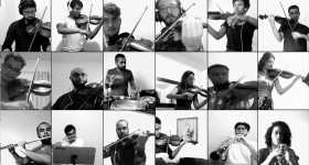 Captura de tela de um dos vídeos da Orquestra da Câmara da ECA. A imagem em preto e branco está dividida entre várias pessoas, homens e mulheres, todas tocando diferentes instrumentos.