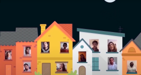 especie de colagem formada por desenhos de prédios e casas, nas cores amarela, laranja, branca e verde. Na janela de cada casa, a foto de uma pessoa. acima, um ceu negro