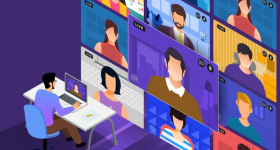 Ilustração digital de um homem sentado mexendo no computador, com outra pessoa aparecendo na tela de seu notebook. Na sua frente, fora de sua mesa, há um "projeção" com diversas pessoas aparecendo na chamada de vídeo. 