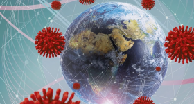 imagem parcial de um globo terrestre e, ao seu redor, desenhos de virus, na cor vermelha