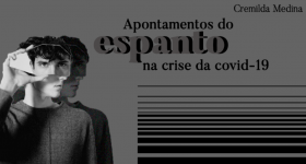 capa do jornal da USP. Imagem em preto e tons de cinza. Acima, o título Apontamentos do espanto na crise da covid. abaixo do titulo linhas paralelas de mais finas a mais grossas. ao lado a foto de um jovem de perfil.