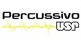 imagem em que está escrito, em preto a palavra percussivo e, abaixo dela, o logo da USP. Também abaixo dela e ao lado do logo da USP, o desenho de ondas sonoras, em amarelo