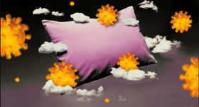 Montagem de foto e ilustração: um travesseiro, na cor rosa, está envolto de nuvens brancas e próximo a essas nuvens, desenhos de três virus, na cor laranja. A cor de fundo é um degrade de preto, na parte superior, e cinza, na parte inferior.