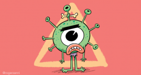 charge de um vírus, que neste desenho é verde, tem um grande olho, uma boca com dentes, pequenas mãos e pés. O fundo é laranja e atrás do virus, há o desenho de um triangulo em amarelo.