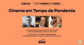 cartaz de divulgação do encontro/ em um fundo laranja, estão três quadrados menores, centralizados, com a imagem de cada um dos participantes. Acima, o titulo o evento e da série do sesc; abaixo das fotos, os nomes dos palestrantes