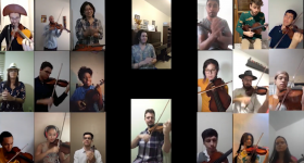 print de tela do youtube. A tela é dividida em quadros menores, seis a esquerda, seis a direita e dois quadro maiores ao centro. em cada quadro, um jovem toca um instrumento, em sua maioria, violinos