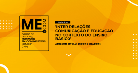 Cartaz do relatório do grupo de pesquisa. Em um fundo com diferentes  tons de laranja, está escrito o titulo do relatório, o nome do coordenador e o nome do grupo de pesquisa