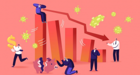 ilustração. em um fundo na cor coral, cinco barras que misturam as cores vermelho e laranja, estão uma ao lado do outro, em ordem decrescente. Acima, uma seta acompanha o declínio do gráfico. A redor das barras, desenhos de pequenos vírus, na cor amarela. Também espalhados na cena, homens observam a queda do gráfico com preocupação. à frente do gráfico, um porquinho-cofre está quebrado e um homem observa de joelhos.