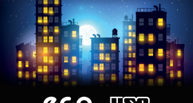 em um fundo preto, aparecem varios prédios, um ao lado do outro, algumas janelas dos apartamentos estão na cor amarela, por causa das luzes acessas. Ao fundo, uma lua cheia se esconde entre os prédios. abaixo, o logo da ECA