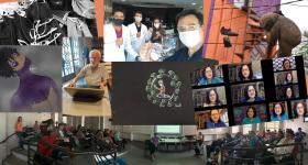 Montagem feita com diversas imagens relacionadas à exposição Janelas da Arte. Entre elas, há um print de uma videoconferência, uma selfie de uma equipe médica, uma ilustração de uma personagem de um desenho animado, um senhor utilizando um computador e um desenho de um garoto dentro de um coronavírus. 