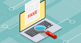 em um fundo esverdeado, com linhas brancas que rementem a redes e conexões, tem um desenho de um notebook, aberto. Na tela, o desenho de uma folha de jornal com a palavra fake, escrita em vermelho. em cima do teclado, uma lupa de haste vermelha e escrito em branco na haste, a palavra facts.
