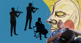 especie de colagem que reune a silhueta de 3 homens tocando instrumentos, dois tocando violino e 1 sentado tocando violoncelo. Os desenhos estão em preto sob um fundo azul claro. à esquerda o desenho de um rosto masculino, sem tantos detalhes. O desenho é feito em preto sob um fundo amarelo. abaixo do desenho, um homem de cabelos e barbas grisalhas e óculos, segura um instrumento